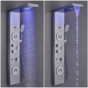 ROVOGO LED Shower Panel Tower System with Rainfall Waterfall Shower Head, 2 Body Jets, 4 Mist Spray, Tub Spout and Handheld, Shower Column with Temp Display, Black