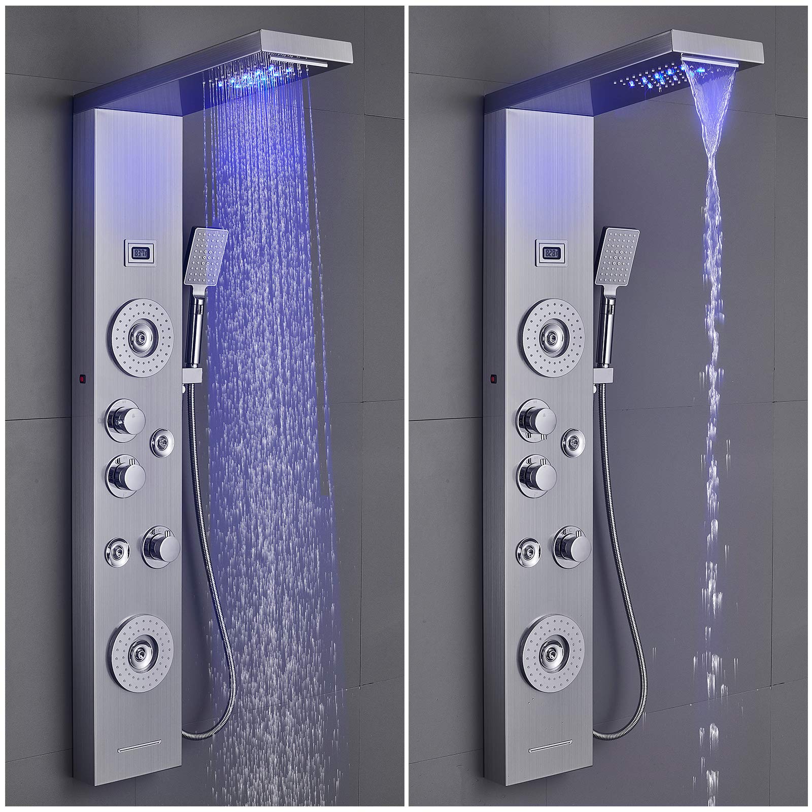 ROVOGO LED Shower Panel Tower System with Rainfall Waterfall Shower Head, 2 Body Jets, 4 Mist Spray, Tub Spout and Handheld, Shower Column with Temp Display, Black