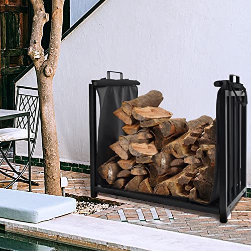 WHDPETS Firewood Rack Fireplace Log Holder with Canvas Carrier, Outdoor Indoor Firewood Rack Holder Logs Stand for Fireplace Wood Storage, 20 inch Tall, Black