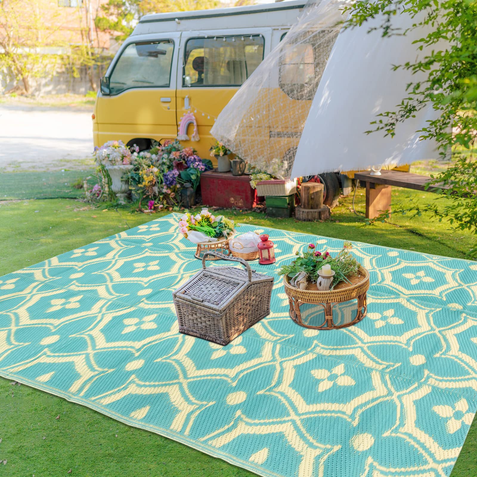 Reversible Outdoor Rugs for Patio Clearance 4x6Ft Waterproof Large Plastic Straw Area Rug Nonslip Portable Carpet Floor Mats for RV Camping Deck Picnic Beach Backyard Outside Decor Indoor Rug