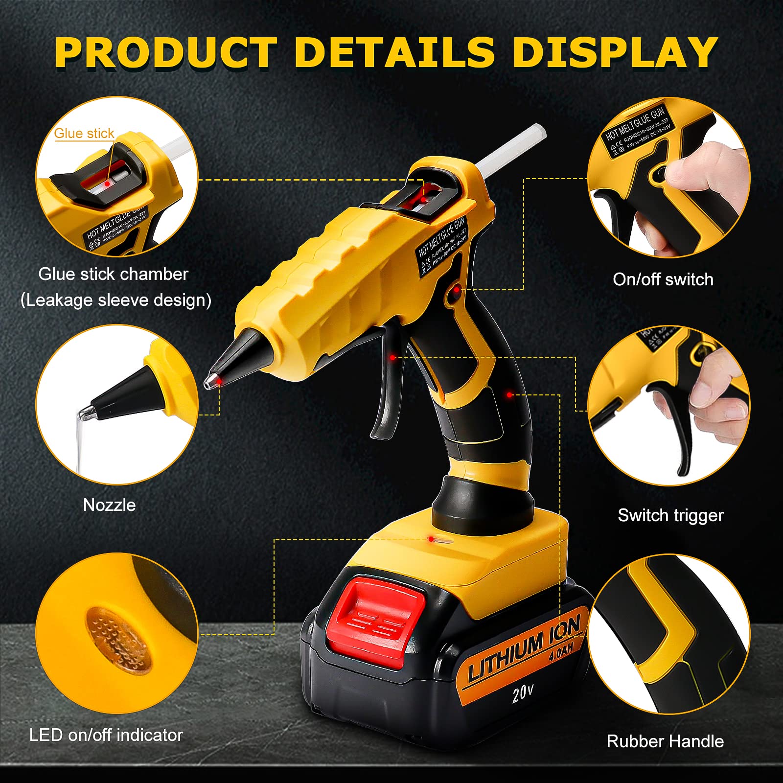 Cordless Hot Glue Gun for Dewalt, Suitable for Dewalt 18V/20V Max Lithium-ion Battery, 30s Quick Preheat Hot Melt Glue Gun with 30 Pcs Glue Sticks(7 * 150mm) for Arts/Crafts/Diy/Repairs(Tool Only)