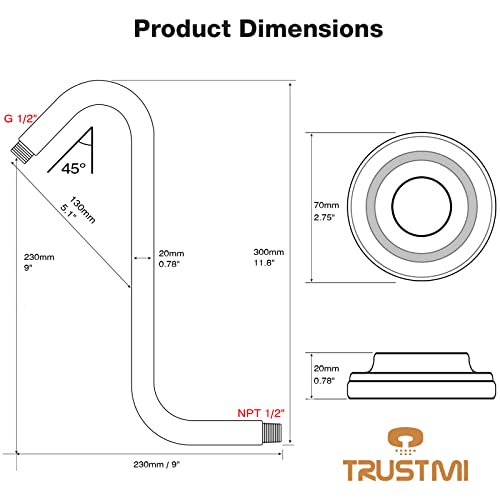 TRUSTMI Bronze Shower Arm with Flange 12 Inch S-Shaped Overhead Shower Head Extension Neck with 9 Inch High Rise Offset, Oil Rubbed Bronze