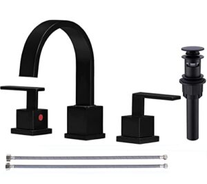 kingo home matte black bathroom faucet, black faucet bathroom 3 hole 8inch widespread waterfall 2 handle black faucets bathroom sink vanity faucet with pop up drain and supply lines