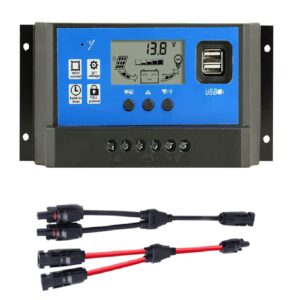 60a solar charge controller solar panel charger controller 12v/24v, adjustable lcd display with 5v dual usb timer setting with 2 pcs solar connectors y branch parallel adapter cable for solar panel