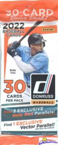 2022 donruss baseball exclusive factory sealed jumbo fat cello pack with 30 card including (3) holo red parallels & vector parallel! look for rookies & autos of wander franco & many more! wowzzer!