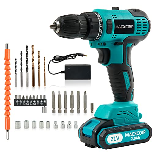 MACXCOIP Brushless Cordless Drill, 21V Electric Power Drill Driver with 3/8" Keyless Chuck, 300 In-lb Torque, 2 Variable Speeds, 25+1 Adjustable Clutch, 33pcs Accessories with Battery & Charger