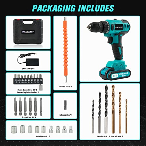 MACXCOIP Brushless Cordless Drill, 21V Electric Power Drill Driver with 3/8" Keyless Chuck, 300 In-lb Torque, 2 Variable Speeds, 25+1 Adjustable Clutch, 33pcs Accessories with Battery & Charger