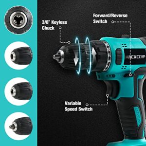 MACXCOIP Brushless Cordless Drill, 21V Electric Power Drill Driver with 3/8" Keyless Chuck, 300 In-lb Torque, 2 Variable Speeds, 25+1 Adjustable Clutch, 33pcs Accessories with Battery & Charger