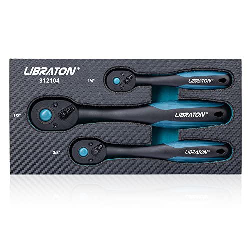 LIBRATON Ratchet Set, 3-Piece 1/4", 3/8", 1/2" Ratchet Handle with Teardrop Head, Quick-Release Ratchet Set with Comfort Grip, Reversible Design, 72-Tooth, EVA Organizer