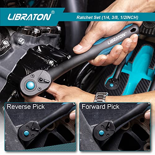 LIBRATON Ratchet Set, 3-Piece 1/4", 3/8", 1/2" Ratchet Handle with Teardrop Head, Quick-Release Ratchet Set with Comfort Grip, Reversible Design, 72-Tooth, EVA Organizer