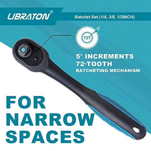 LIBRATON Ratchet Set, 3-Piece 1/4", 3/8", 1/2" Ratchet Handle with Teardrop Head, Quick-Release Ratchet Set with Comfort Grip, Reversible Design, 72-Tooth, EVA Organizer