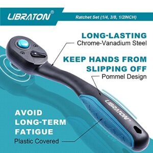 LIBRATON Ratchet Set, 3-Piece 1/4", 3/8", 1/2" Ratchet Handle with Teardrop Head, Quick-Release Ratchet Set with Comfort Grip, Reversible Design, 72-Tooth, EVA Organizer