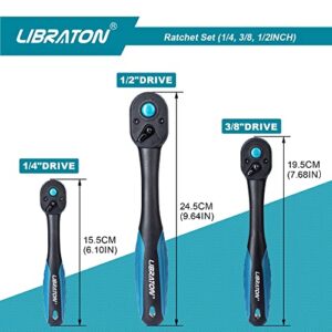 LIBRATON Ratchet Set, 3-Piece 1/4", 3/8", 1/2" Ratchet Handle with Teardrop Head, Quick-Release Ratchet Set with Comfort Grip, Reversible Design, 72-Tooth, EVA Organizer