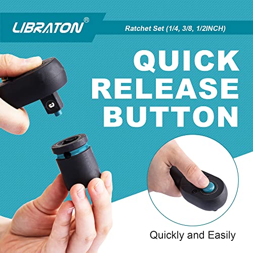 LIBRATON Ratchet Set, 3-Piece 1/4", 3/8", 1/2" Ratchet Handle with Teardrop Head, Quick-Release Ratchet Set with Comfort Grip, Reversible Design, 72-Tooth, EVA Organizer