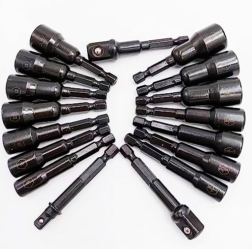 LONKER 17pcs Magnetic Nut Driver Set,CR-V Hex Head Drill Bit Screwdriver Socket Set- 1/4” Hex Head Impact Driver Bit Set,SAE & Metric | Impact Magnetic Nut Driver Bit Set