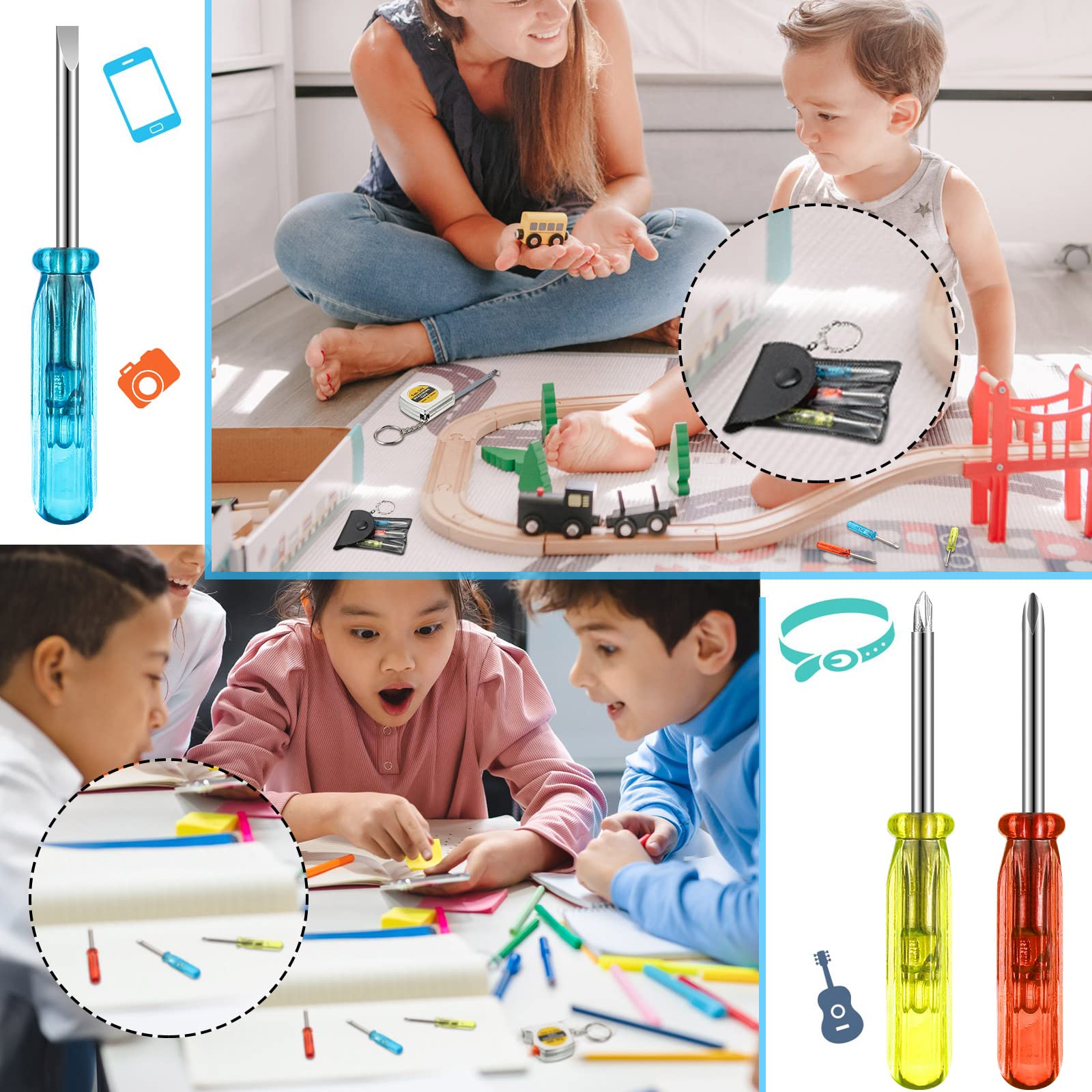 Jutom Mini Screwdriver Keychain Tape Measure Keychains Set Retractable Keychain Tape Measure Mini Screwdrivers in Portable Pouch Keychain for Tool Birthday Party Gifts Favor (24 Pcs)