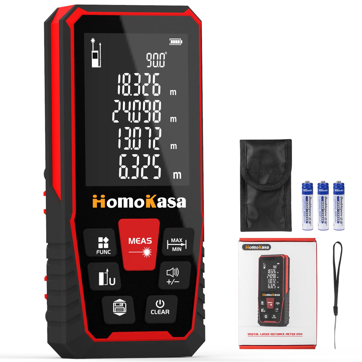 Laser Measure 165ft, Digital Laser Distance Meter, Portable Handle Digital Measure Tool 50M, Range Finder, Electronic Angle, Larger Backlit LCD 2.4in, IP54, Black/Red