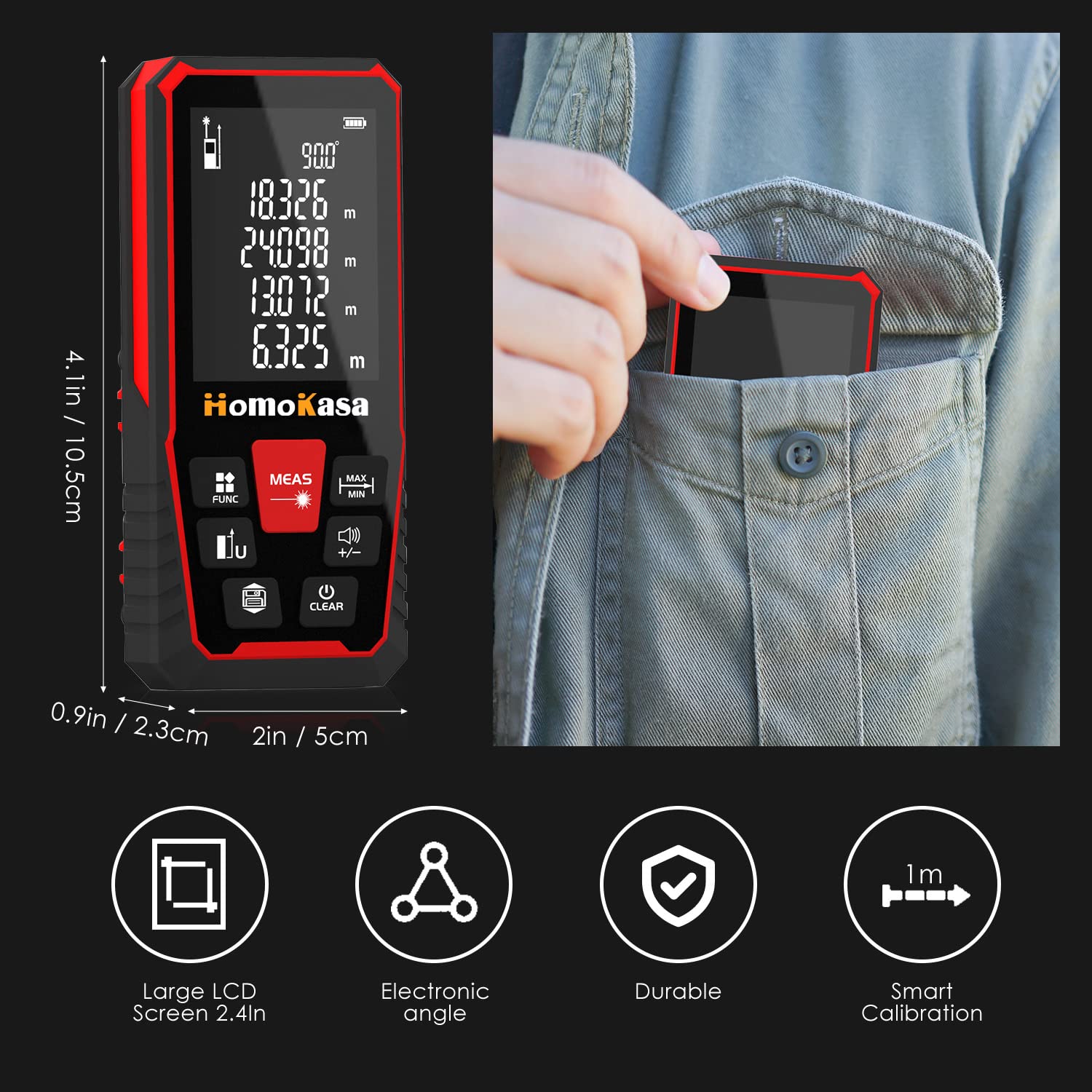 Laser Measure 165ft, Digital Laser Distance Meter, Portable Handle Digital Measure Tool 50M, Range Finder, Electronic Angle, Larger Backlit LCD 2.4in, IP54, Black/Red