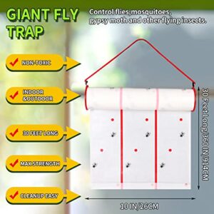 Giant Fly Traps Sticky Fly Trap Roll 30 Feet MAX Strength Fly Catcher, Non Toxic, Poisonous Bug Insect Sticky Flies and Other Bugs, Indoors & Outdoors 1PCS, white