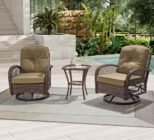 imusee patio furniture set, 3 pieces swivel rocking chairs outdoor wicker patio bistro set with thick 4" cushions, brown & khaki