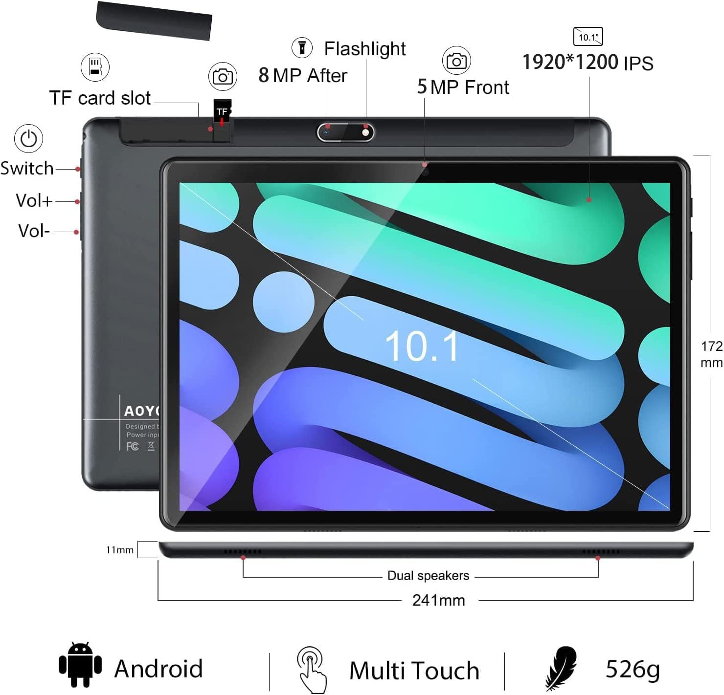 AOYODKG Tablet 2 in 1 with Keyboard, 10.1 inch Android Tablet, 8GB+64GB(1TB Expand), 2.4G+5G WiFi, Octa-Core, IPS HD Display, Dual Camera, Bluetooth, GMS Certified Tablet PC, AYO-M40 (Gray)