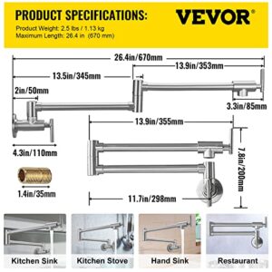 VEVOR Pot Filler Faucet, Solid Brass Commercial Wall Mount Kitchen Stove Faucet with Gold Brushed Finish, Folding Restaurant Sink Faucet with Double Joint Swing Arm & 2 Handles