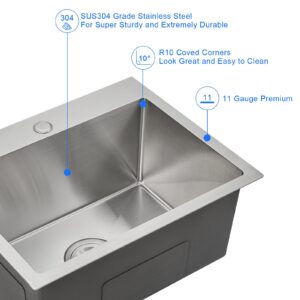 TSIBOMU 24 Inch Kitchen Sink Drop-in, 18 Gauge Stainless Steel Single Bowl Single Faucet Hole Top Mount Workstation Sink, 24x18x9