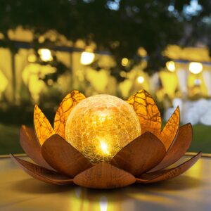 aiiny solar light outdoor(2pack), art crackle globe glass lotus decoration, solar led waterproof metal flower lights for patio,lawn,walkway,tabletop