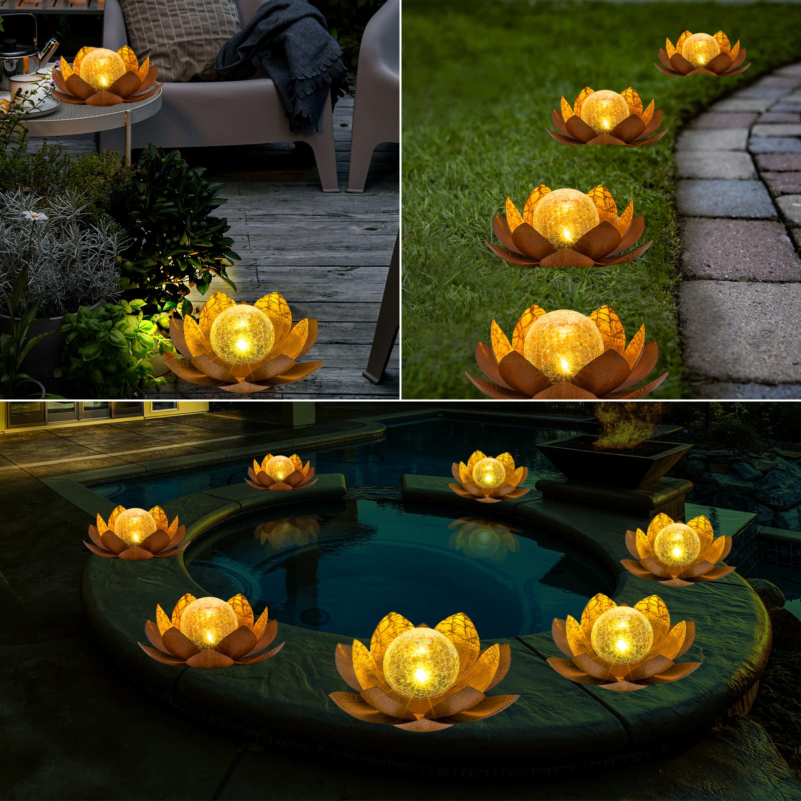 AIINY Solar Light Outdoor(2Pack), Art Crackle Globe Glass Lotus Decoration, Solar LED Waterproof Metal Flower Lights for Patio,Lawn,Walkway,Tabletop