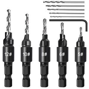 countersink drill bit set, woodworking chamfered adjustable counter sinker tools on counter sink holes with 1/4" hex shank for diy woodworking with one l-wrench
