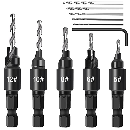 Countersink Drill Bit Set, Woodworking Chamfered Adjustable Counter Sinker Tools on Counter Sink Holes with 1/4" Hex Shank for DIY Woodworking with One L-Wrench