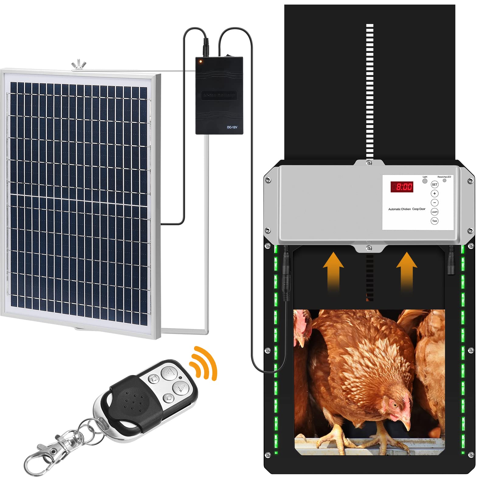 Automatic Chicken Coop Door with Solar Panel, Solar Powered Chicken Coop Door with Timer and Light Sensor, Weatherproof Full Aluminum Chicken Door, Auto Chicken Door Opener for Home Farms