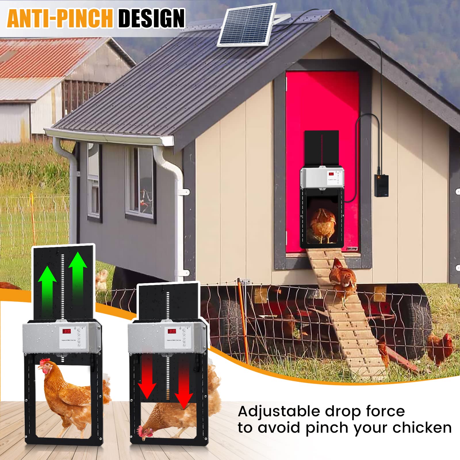 Automatic Chicken Coop Door with Solar Panel, Solar Powered Chicken Coop Door with Timer and Light Sensor, Weatherproof Full Aluminum Chicken Door, Auto Chicken Door Opener for Home Farms