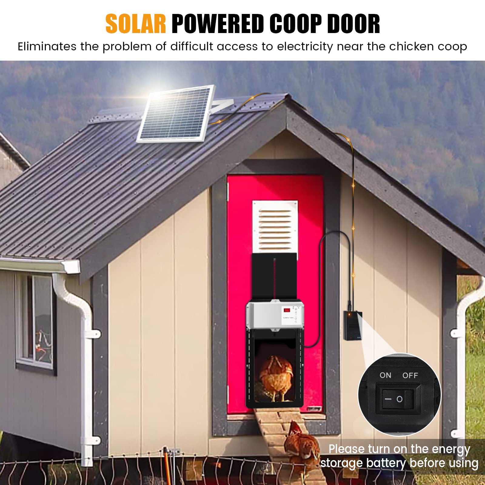 Automatic Chicken Coop Door with Solar Panel, Solar Powered Chicken Coop Door with Timer and Light Sensor, Weatherproof Full Aluminum Chicken Door, Auto Chicken Door Opener for Home Farms