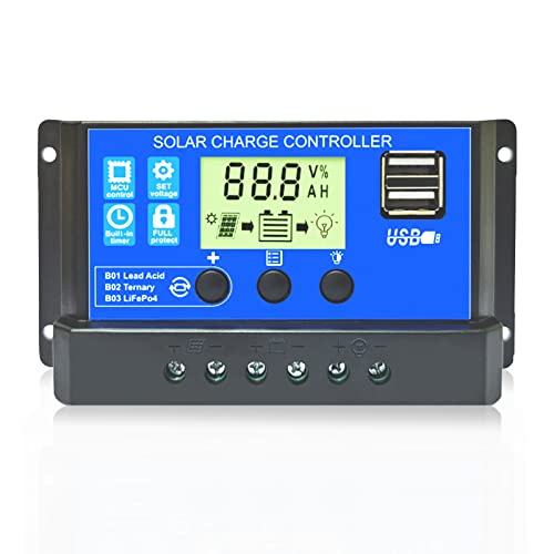 Yyoulli 30A Solar Charge Controller, [2022 Upgraded] 12V/ 24V Solar Panel Regulator with Adjustable LCD Display Dual USB Port Timer Setting PWM Auto Parameter