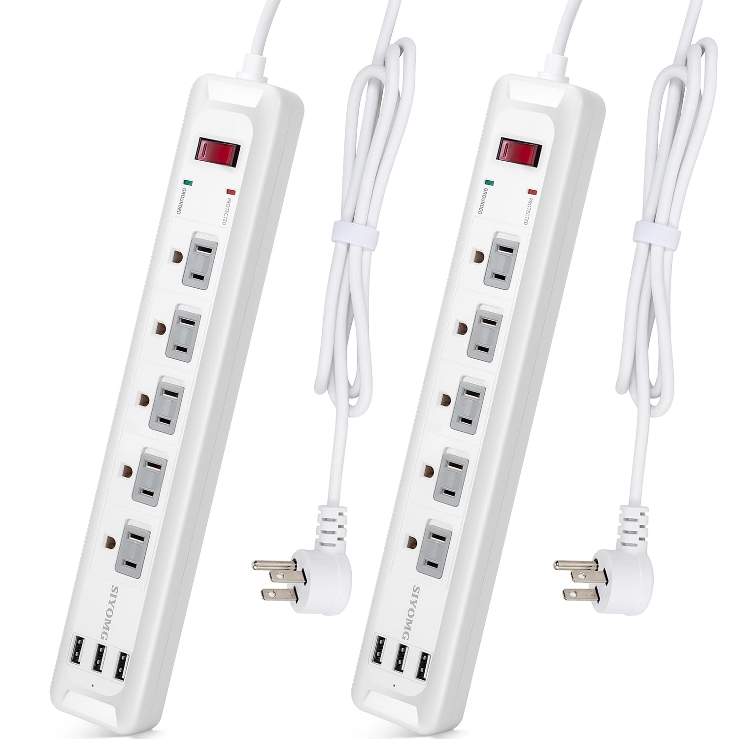 SIYOMG Power Strip, 2 Pack Surge Protector with 5 Outlets 3 USB Charging Ports 5 ft Extension Cord, 1200 Joules Overload Surge Protection for Home Office ETL Listed (White)