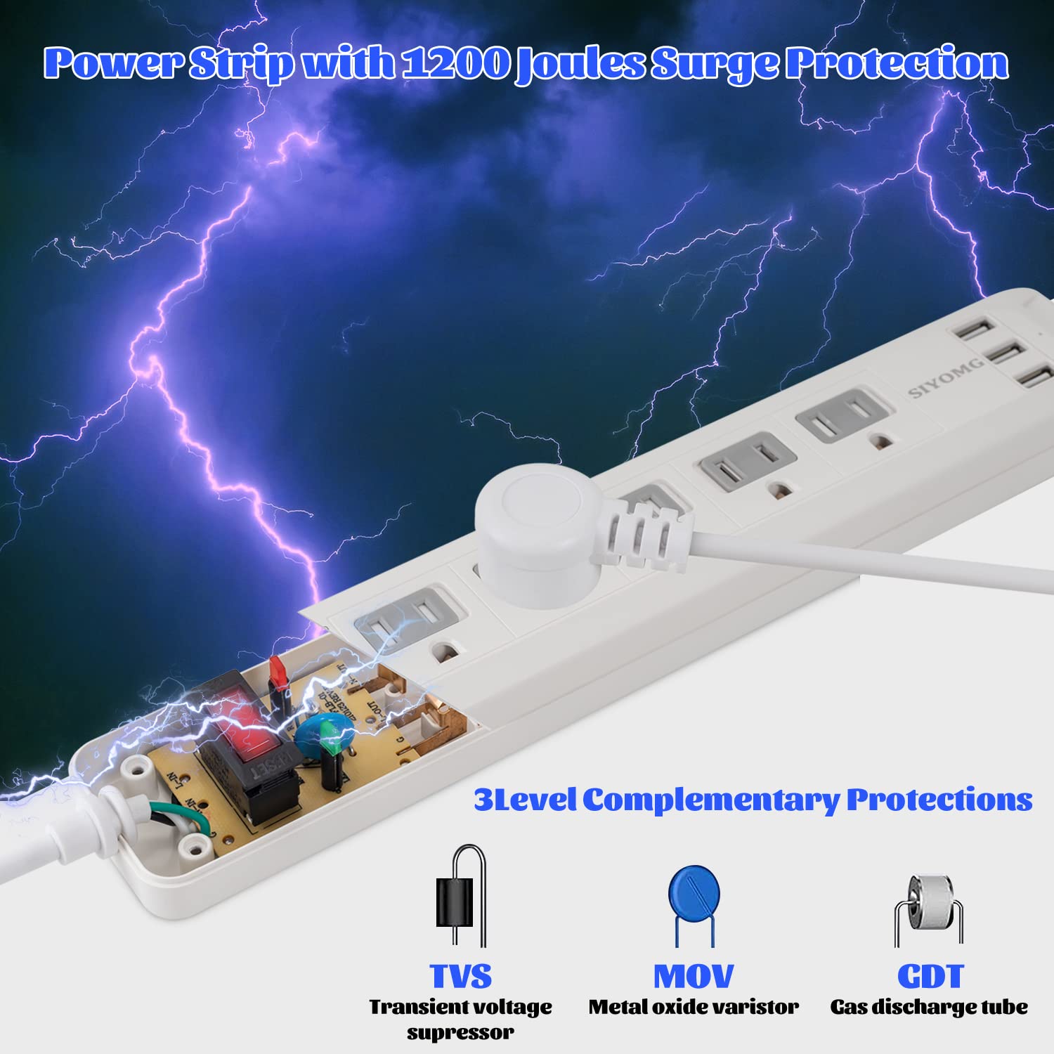 SIYOMG Power Strip, 2 Pack Surge Protector with 5 Outlets 3 USB Charging Ports 5 ft Extension Cord, 1200 Joules Overload Surge Protection for Home Office ETL Listed (White)