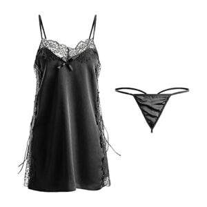 women satin lace babydoll lingerie sexy side slit chemise nightwear full slips exotic strappy bridal sleepwear (black,medium)