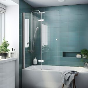 siepunk folding glass shower doors for bathtub, 36 in. w x 55 in. h pivot frameless tub shower door, tempered glass shower panel screen, chrome