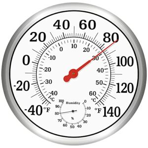 outdoor thermometer large numbers - 12inch outdoor thermometers for patio waterproof, wall mounted thermometer hanging thermometer hygrometer with stainless steel enclosure, no battery required