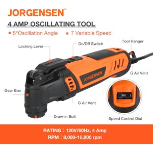 JORGENSEN Oscillating Tool 5°Oscillation Angle, 4 Amp Oscillating Multi Tools Saw, 7 Variable Speed with 16-piece Electric Multitool Blades & Carrying Bag - 70800