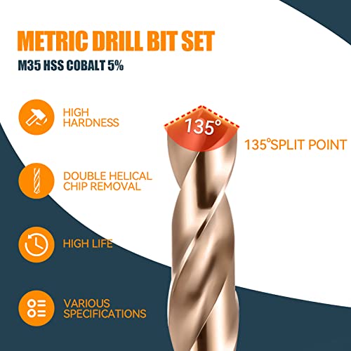 Cobalt Drill Bit Set, M35 Twist HSS Drill Bits Straight Shank, 2mm High Speed Steel Drill Bits for Drilling in Hard Metal, Stainless Steel, Cast Iron (7mm)