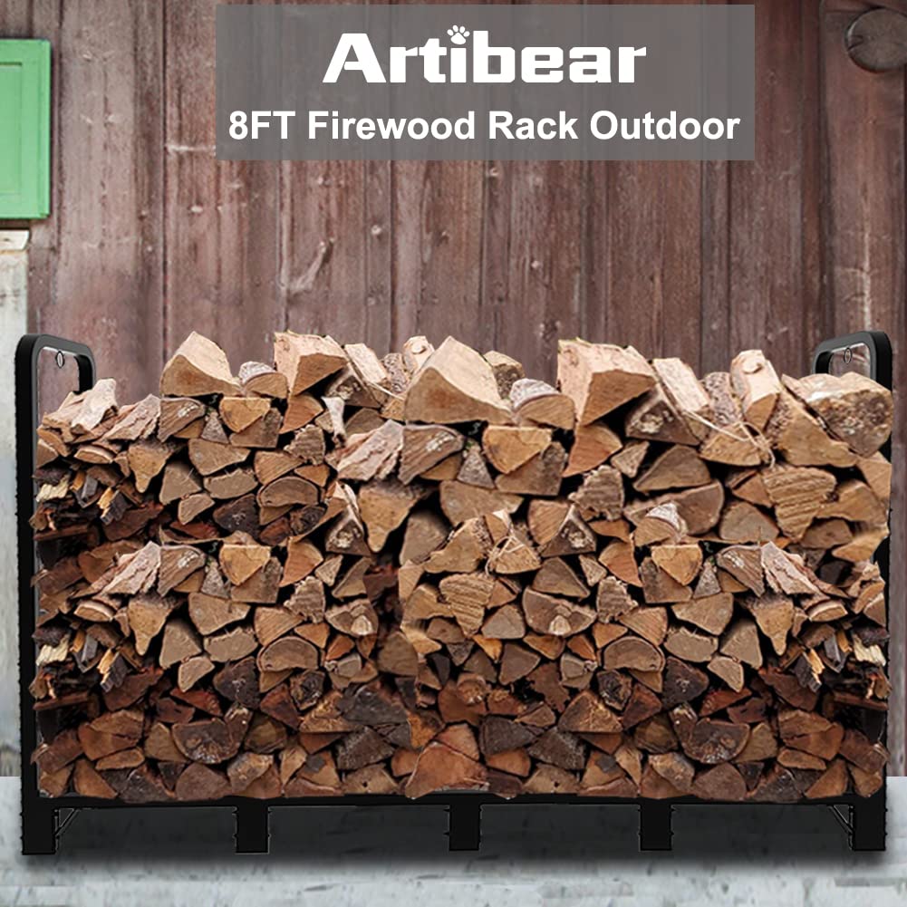 Artibear 8ft Outdoor Firewood Rack, Upgraded Heavy Duty Logs Stand Stacker Holder for Fireplace - Metal Lumber Storage Carrier Organizer, Bright Black