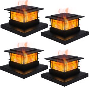 dynaming 4 pack solar flame post lights outdoor, solar powered fence post cap lights, high brightness flickering flame smd led lighting decor for garden deck patio, 4x4, 5x5 or 6x6 vinyl/wooden posts