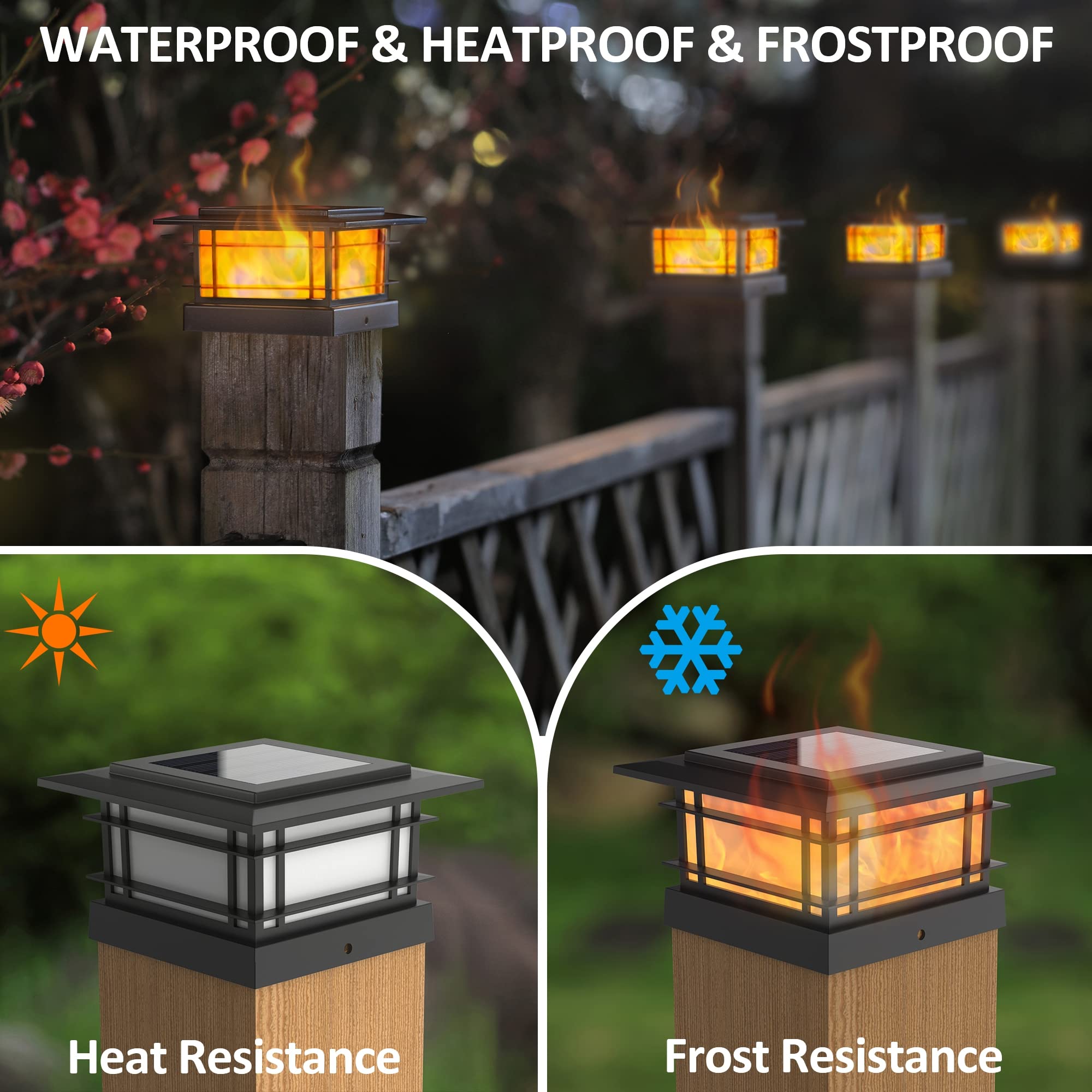 Dynaming 4 Pack Solar Flame Post Lights Outdoor, Solar Powered Fence Post Cap Lights, High Brightness Flickering Flame SMD LED Lighting Decor for Garden Deck Patio, 4x4, 5x5 or 6x6 Vinyl/Wooden Posts