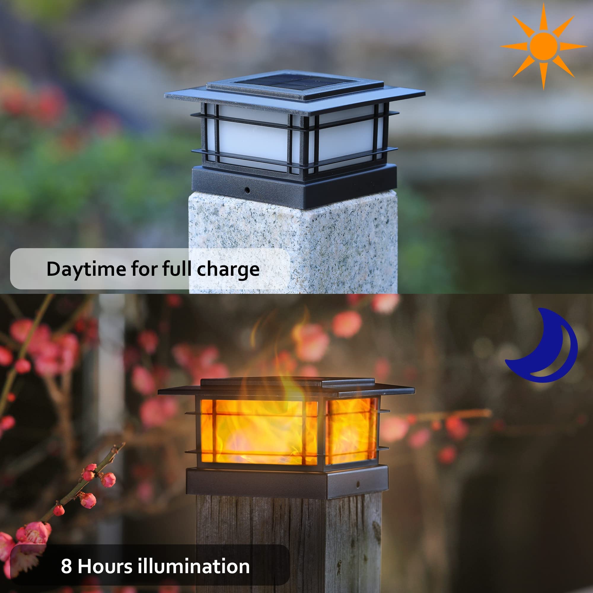 Dynaming 4 Pack Solar Flame Post Lights Outdoor, Solar Powered Fence Post Cap Lights, High Brightness Flickering Flame SMD LED Lighting Decor for Garden Deck Patio, 4x4, 5x5 or 6x6 Vinyl/Wooden Posts