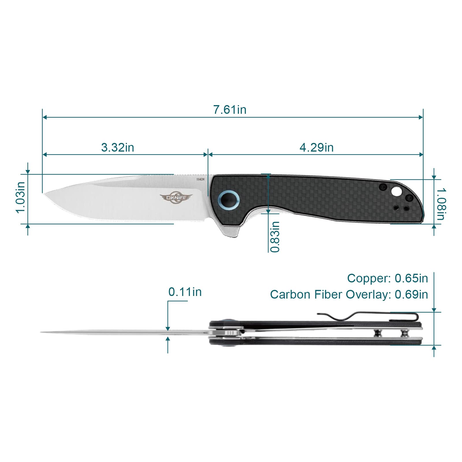 OKNIFE Freeze 2 Folding Pocket Knife, EDC Folding Knife with Carbon Fiber Overlay Handle, 154CM Steel Blade and Ceramic Ball Bearing Washer for Camping