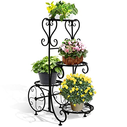 steauty Metal Plant Stand Indoor Outdoor - 4 Tier Multiple Plant Shelf Wrought Iron Planter Rack Garden, Flower Pot Holder Display Vertical Shelves Shelf, for Garden Patio Lawn Balcony Window