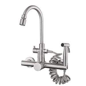 wall mount kitchen faucet 8 inch faucet brushed nickeled faucet for kitchen, with spray gun and 2 water jet, swivel 360° spout wall faucet, wall mounting kitchen faucet