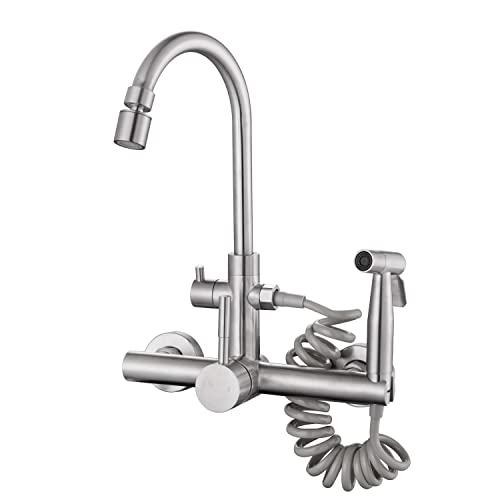 Wall Mount Kitchen Faucet 8 Inch Faucet Brushed Nickeled Faucet for Kitchen, with Spray Gun and 2 Water Jet, Swivel 360° spout Wall Faucet, Wall mounting Kitchen Faucet